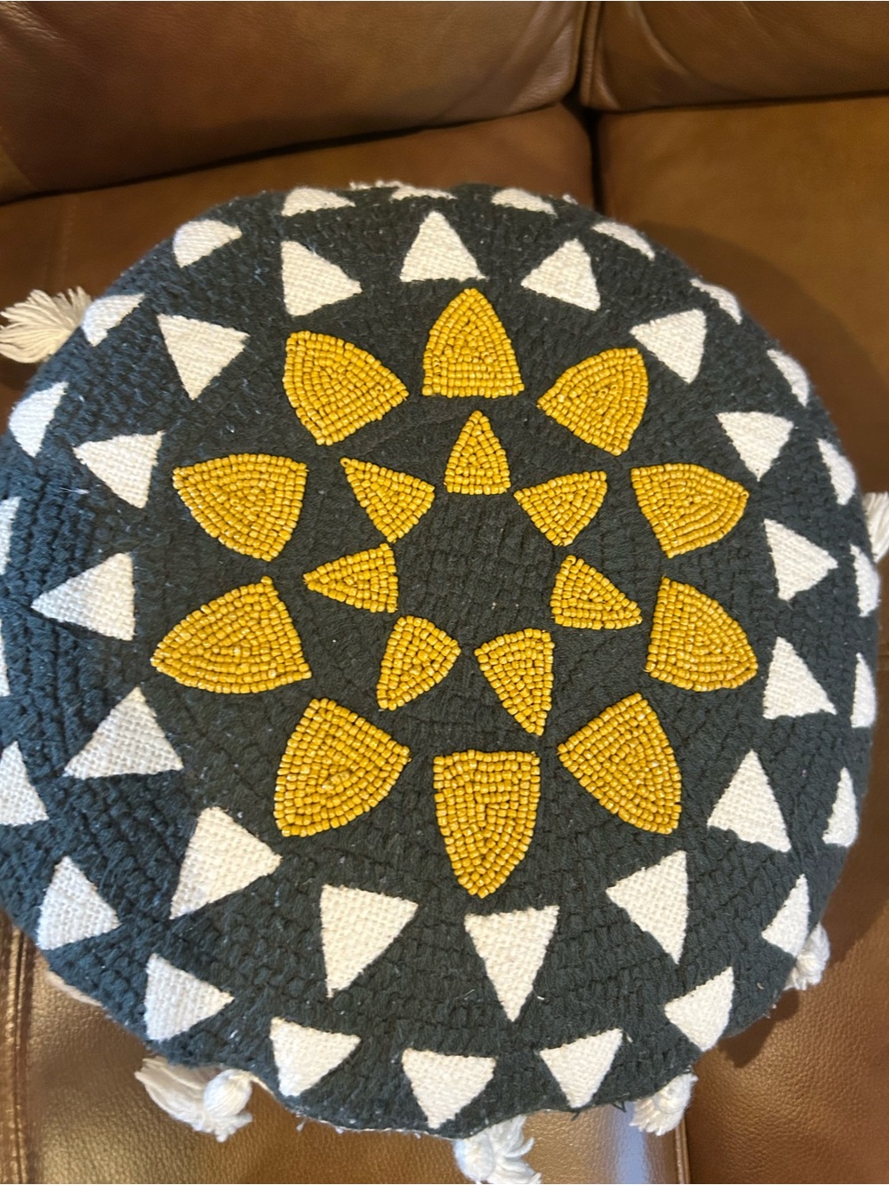 Two Round Decorative Pouf Cushion with Geometric Beadwork-Black, White & Mustard - Picture 3 of 8